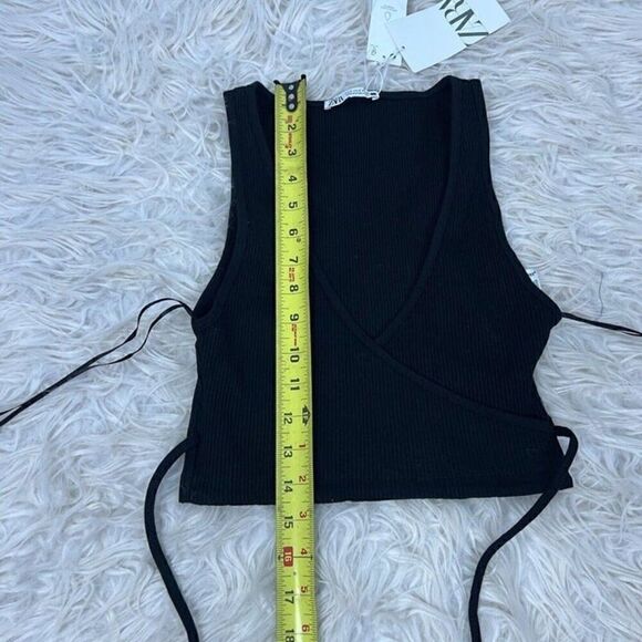 Zara Women’s NWT Black Ribbed V-Neck Crop Top Long Tie Up Shirt Sleeveless S/M - Picture 4 of 10